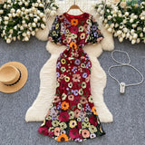 Fongt High-End Elegant Heavy Industry Flower Embroidery Round Collar Lantern Sleeves To Close The Waist Slim Slimmed Fishtail Dress Dress