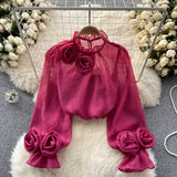 Fongt Shirt Female Design Sense Small Three-Dimensional Flower Bubble Sleeves To Reduce The Age Of Pure Color Chiffon Shirt Women's Long-Sleeved Top