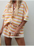 Fongt Spring And Summer New Women's Explosive Wool Jersey Collar Striped Short-Sleeved Shorts Set