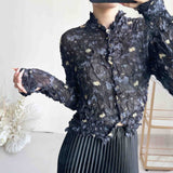 Fongt Folded Print Folding Shirt 2025 Summer New Cardigan Blouse Retro Temperament Wrinkled Shirt