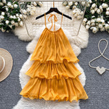 Fongt Dress Women 2025 Summer French Atmosphere With A Sense Of Hanging Neck Sling Lotus Side Splicing Cake Holiday Skirt