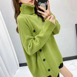 Turtleneck Sweater Women Irregular Button Knitted Pullovers Korean Oversized Knitwear Winter Casual All Match Jumpers Tops-Outfit