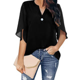 Fongt Women's Women's Short Sleeve Elegant Casual Solid Color V Collar Chiffon Shirt Chiffon