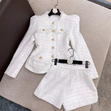 STREET 2022 New Designer Runway Suit Set Women's Gold Buttons Tweed Jacket Shorts