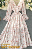 Women Sexy Boho Dress New 2023 Spring Autumn Long Sleeve V Neck Backless Long Dresses Ladies Vintage Floral Printed