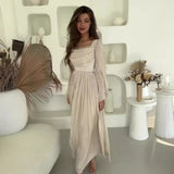 Fongt 2025 New French Vintage Collar Elegant Long-Sleeved Wrinkled Dress