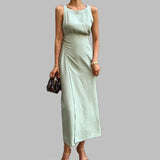 2022 New Arrival Fashion Elegant For Women O Neck Sleeveless Vestidos High Waist Summer Solid Midi