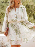 White Floral Print Ruffle Chiffon Dress Women's Round Neck Button A-line Elegant Casual Dress Drawstring Holiday