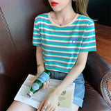 Fongt Summer New Round Collar Short-Sleeved Women's T-Shirt Embroidery Fashion Korean Version Loose And Versatile Age Reduction Stripes On Clothes