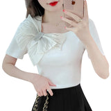 Fongt Shot Summer New Square Collar Short Sleeve Bow Bubble Sleeve Design Sense Joker Head Shirt Jacket-Outfit
