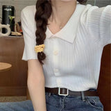 Fongt POLO Lapel Knit Cardigan Summer 2024 New Color Knit Short Sleeve Sweater Top-Outfit