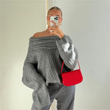 new autumn fashion temperament sexy one-line collar long-sleeved backless loose slim knitted top club clothing Vestidos-Outfit