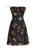 Fongt 2025 New Fresh Sweet Wind Black Broken Floral Dress A Word Shoulder Repair Color Printing