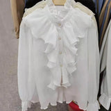 Spring Ruffle Stitching Palace Blouse Women Long Flare Sleeve Buttons Ruched Loose Top New Stand Collar Chiffon Shirt