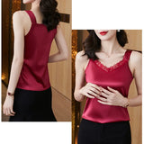 Women's Tops V-Neck Lace Vest Solid Sleeveless Satin Sexy Blouse Women 2023 Summer Fashion Women Clothing Basic Silk Womens
