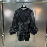2025 Spring New Temperament Style Fashion Big V Collar Three-Dimensional Flowers Folded Ass Hips Short Dress