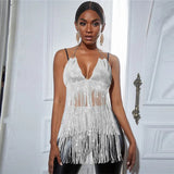 Women New Solid Tassel Sexy Two Piece Set Rhinestone V Neck Sleeveless Halter Backless Top Camis Hollow Out Party Mini