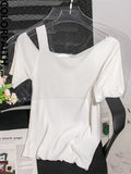 New 2022 Chic Korean Fashion Off Shoulder Knitted Sexy Sweaters Women Summer Vintage Elegant Lady Short Tops