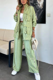 Fongt Women's Straight Trousers Two-Piece Solid Fashion Long-Sleeved Jacket Three-Dimensional Pocket 3035