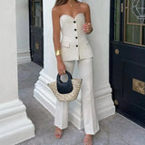 Women Fashion Front Buttons Fitted Bustier Tops Vintage Exposed Shoulders Backless Female Camis And