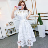 New Spring / Summer Runway Women's Clothings Pleated Stand Collar Short Sleeve Single Breasted Polka Dot Lace