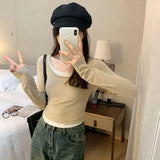 Tight Bottomed Shirt Women's Autumn And Winter New Fake Two Shoulder Long-Sleeved T-Shirts With Short