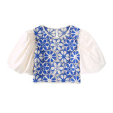 Women Fashion Contrast Crochet Poplin Crop Blouses Vintage Puff Sleeves Back Buttons Female Shirts Blusas Chic