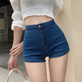 Fit Elastic Sexy Denim Shorts Thin Sexy Stretch High-Waisted Peach Butt Jeans Lady Tight Butt Shorts Trend Solid Color-Outfit