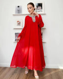 Fongt 2025 New Elegant Solid Dress Round Collared Loose Hair Splicing 100 Folding Long Dress