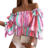 Off Shoulder Colorful Pleated Ladies Flare Sleeve