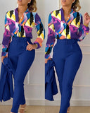 Women's Elegant Two Piece Pants Sets Printed Long Sleeve Shirts and Pants with Belt Fashion Women 2pcs Suits Office