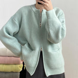 Fongt Color Double Zipper Design Sense Knit Cardigan Female 2024 Spring Autumn New Korean Loose And Casual-Outfit