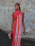 Fongt Women's Clothing Hanging Neck Strapless Pocketed Hips Striped Dress