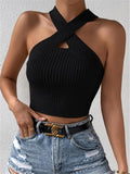 Fongt Women's New Slim Slim Cross Hanging Neck Knitted Sweater Vest Top