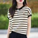 Fongt Polo Collar Short-Sleeved T-Shirt Women's 2025 New Fine-Spinning Wool Embroidered Age-Down Knitted Vest Top