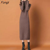 Bottoming Sweater Skirt Over The Knee 2023 Autumn and Winter New Thickened Turtleneck Knitted Dress Women