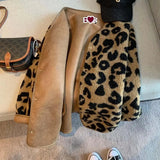 Brown Leopard Fur Integration Jacket Women Loose Button Up Oversized Coats Winter Clothes Korean Style Hot Girls