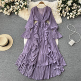 Fongt Sexy Solid Color V-Neck Pleated Flounce Flared Sleeve To The Dress-Outfit