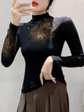 New Half Turtleneck Long Sleeve Diamond Mesh T-shirt Women's Slim Fit Base Black TShirts BH9739-Outfit