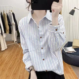 Fongt Comfortable With The Striped Long-Sleeved Shirt Of The Women's Spring And Autumn New Collar Top Loose Thin Shirt Shirt