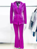 QUALITY 2023 Fall Winter Designer Runway Suit Set Women's Single Button Lapel Velvet Blazer Jacket Flare Pants
