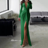 Fongt New Solid Color Dress Summer Fashion Sexy Slit V Neck Long Sleeve Solid Slim Pleated Skirt Dress-Outfit