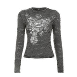 Fongt Retro Personality Hole-Breaking T-Shirt Girl 2025 Autumn Ins Print Collar Long-Sleeved Top