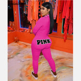PINK Letter Embroidery Bodycon Jumpsuit Fashion Plaid Patchwork Bodysuits Long Sleeve Sexy Zipper Playsuits