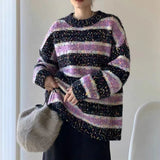 Fongt Gauze Color Stripe Sweater Unlined Upper Garment Female Design Feeling Small Minority Autumn Winter New Style Languid Lazy Wind Loose Color Sweater-Outfit