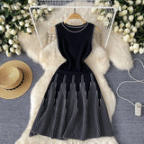 Fongt Sleeveless Round-Necked Striped Knitted Dress Women's Summer Waist Design Small Fairy Mid-Long Dress