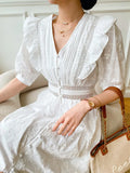 Fongt New White French Design Feeling Waist Women's Dress Mid-Long Dress Temperament V-Neck Dress