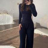 Fongt Summer New Women's Round Neck Solid Color Wide Leg Pants Temperament Commut Fashion Set