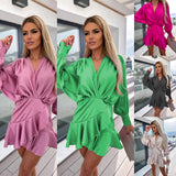 Fongt Ins Clear New Wind Summer Payment Collection Waist V-Collar Solid Color Satin Dress 23026-Outfit