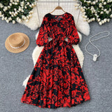 Fongt Retro Fashion Print Dress Women Loose Strap To The Waist Thin A Word Big Pendulum Long Skirt